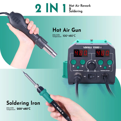 YIHUA 938BD-II 740W 2 in1 Soldering station with Hot Air handle And Soldering iron BGA Rework StationDesoldering Station LED Lam