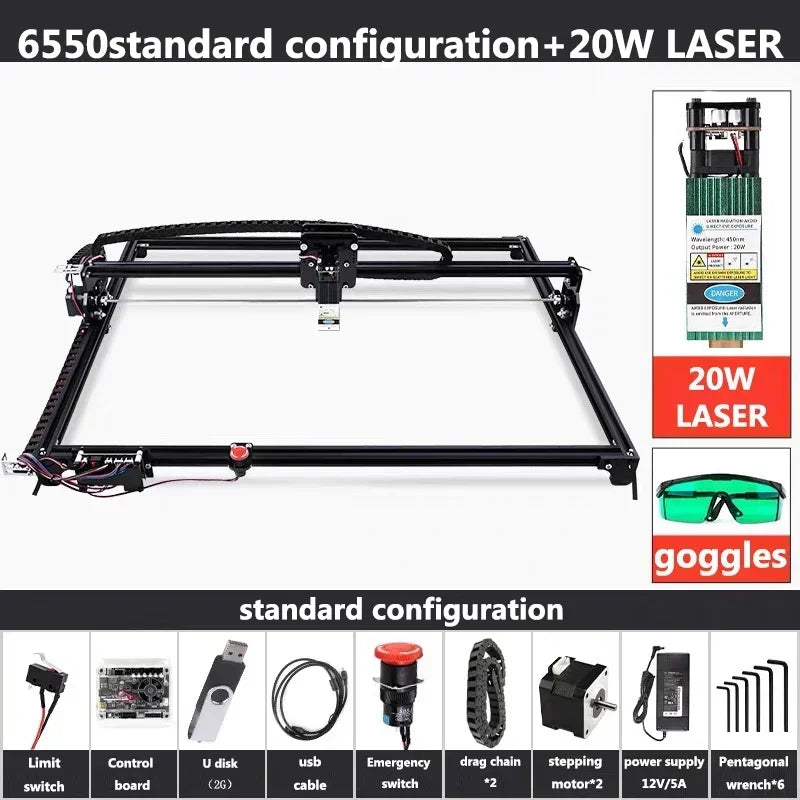 Black CNC 6550 2-Axis NEW CNC Engraving Machine Work Area 65*50cm 20w Laser Engraver With Emergency Stop For Cut Wood MDF