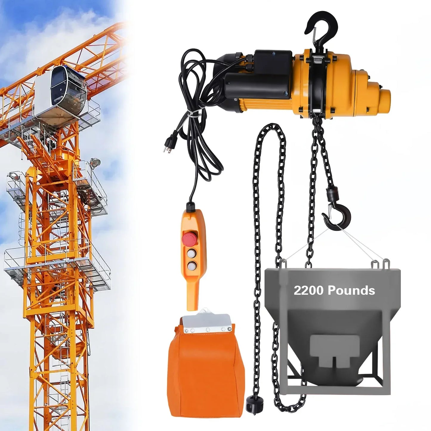 1 Ton Single Phase Overhead Crane 2200lbs Electric Chain Hoist, w/ DT Grade Carburized Double Chain 20 ft Lifting Height