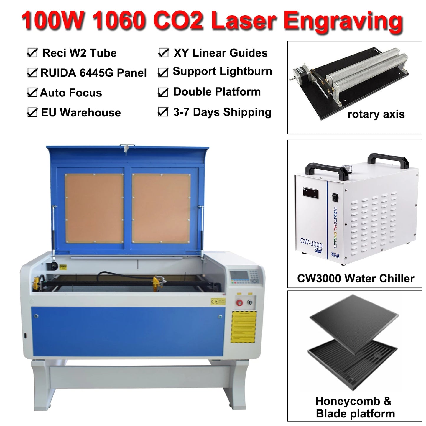 100W CO2 Laser Engraving Machine 1000*600mm Laser Cutting Machine RECI W2 CO2 Laser Tube Engraver Fabric Wood Leather EU Ship