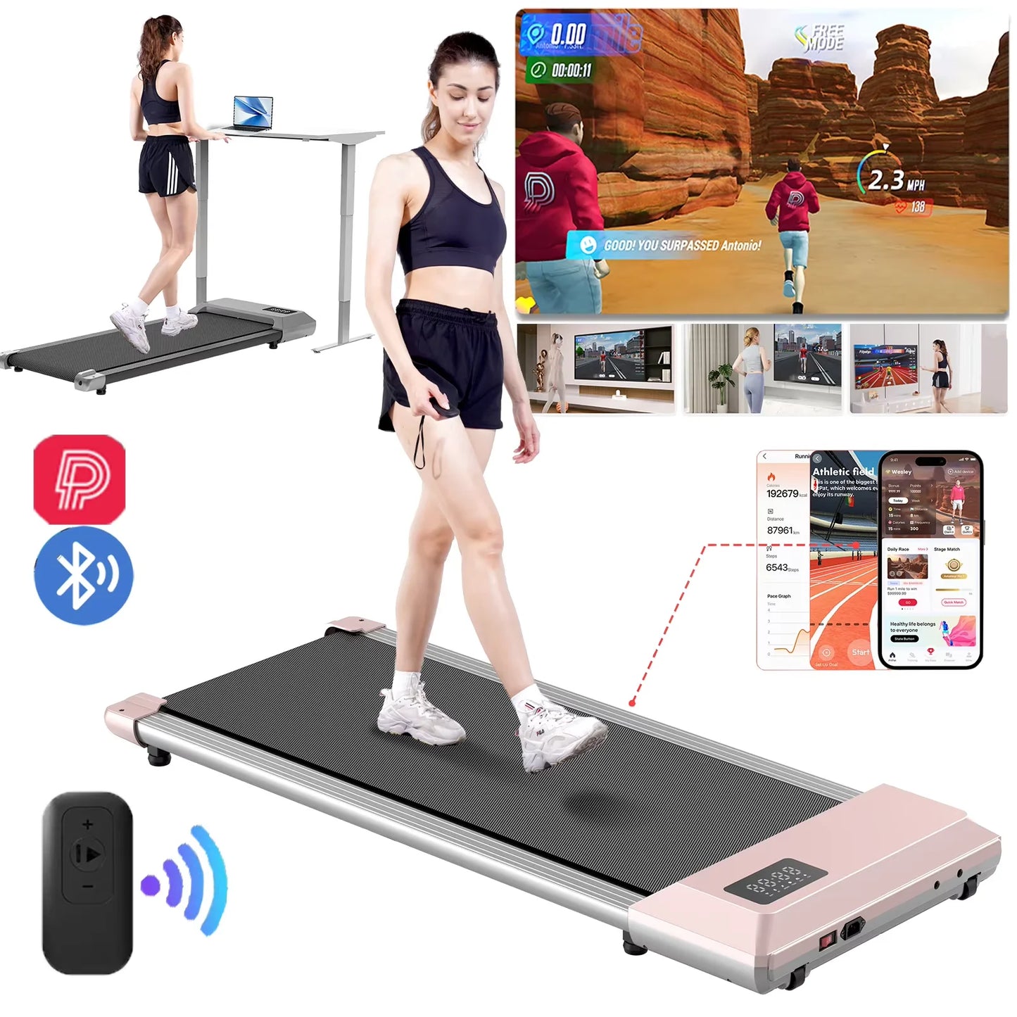 39.37inch Under Desk Treadmill 350lbs Portable Treadmills for Home/Office Walkingpad App/Remote Control LCD Screen Data Tracking