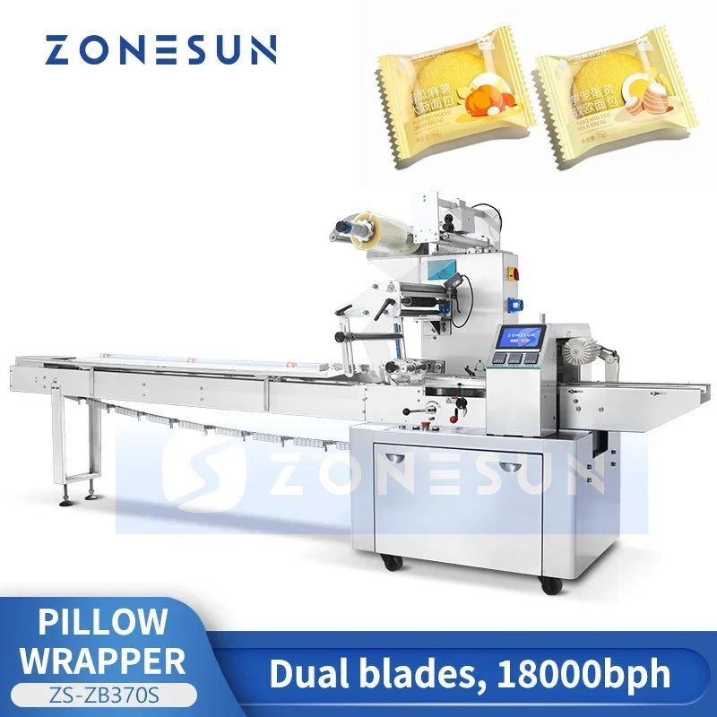 ZONESUN Automatic Pillow Packaging Horizontal Flow Wrapper Machine Pouch Packing Production Machine ZS-ZB370S