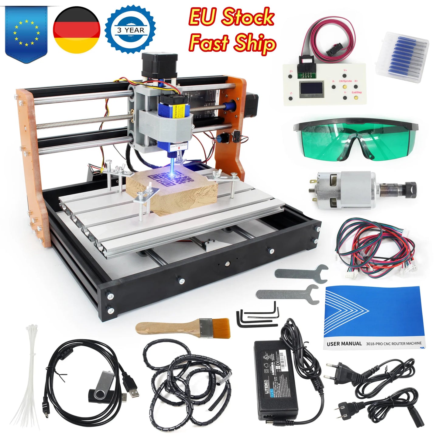 【EU】CNC 3018 PRO 7000W Router Milling Machine with Laser Engraver Module,Limit Switches,Emergency-Stop,Machine for Wood Carving