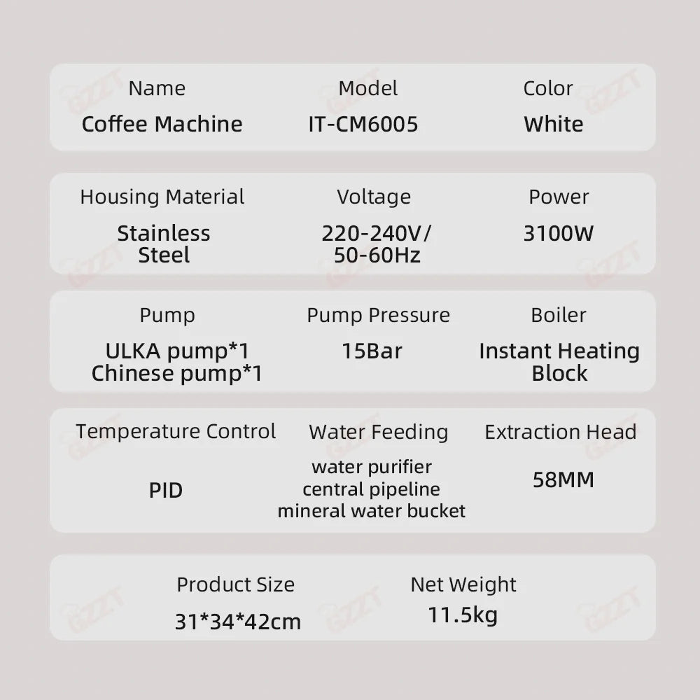 GZZT CM6005 Commercial Coffee Machine Double Pump Triple Heating PID Control 3100W Espresso Machine with Microcomputer 220V