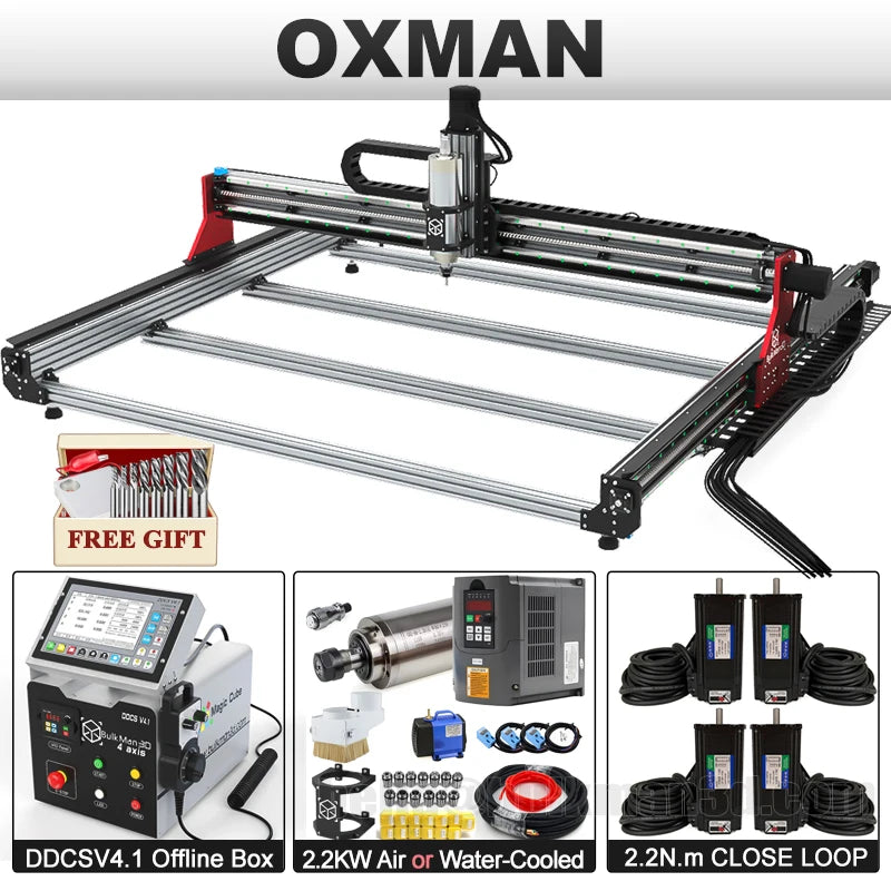 BulkMan3D OXMAN 4-Axis CNC Router Kit with Closed-Loop 20K Speed SFU1610 Ball Screw Dual Linear Rails for Metal Wood Plastic DIY