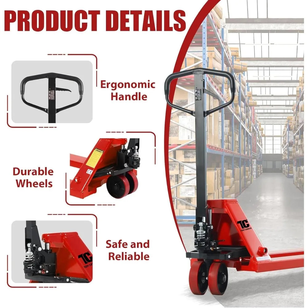 Tory Carrier Hand Pallet Jack Truck 6600 Lb. Capacity Manual Pallet Trucks 27 x 48 Forks Standard Duty Hand Pallet Jacks
