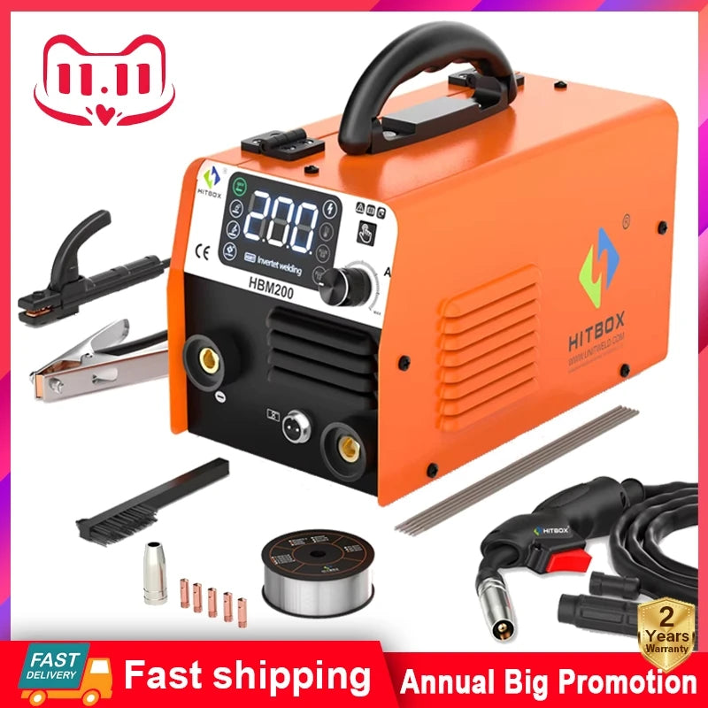 HITBOX Non Gas Semi-automatic Welding Machine 3 in 1 MIG/LIFT TIG/MMA Inverter Welder Synergy Tool For Gasless Soldering HBM200