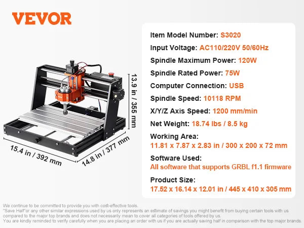 SucceBuy CNC Router Machine 3 Axis GRBL Control Wood Engraving Carving Milling Machine Kit for Wood Acrylic MDF PVC Plastic Foam