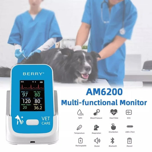 BERRY AM6200 Bluetooth Veterinary 6-Parameter Monitor-For Pet Clinic with Li-Battery, Blood Pressure, ECG, HR, Spo2, PR, Temp