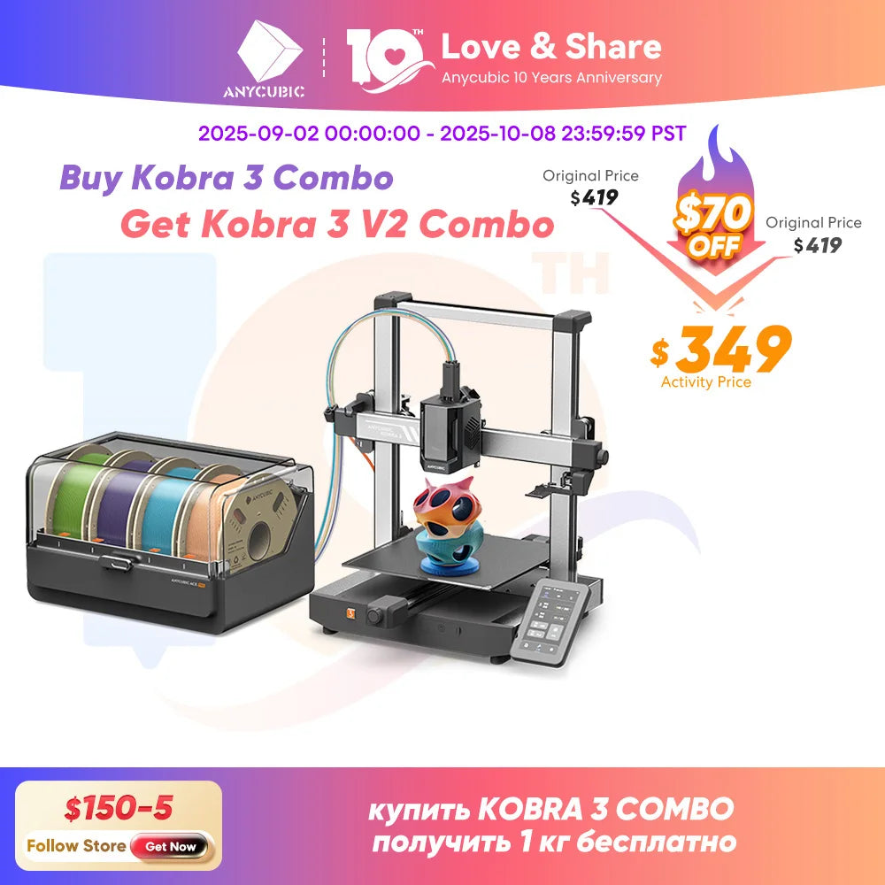 ANYCUBIC Kobra 3 Combo AE Version Multi-Color FDM 3D Printer 600mm/s Printing Speed Build Size 250x250x260mm 4 to 8 Color Print