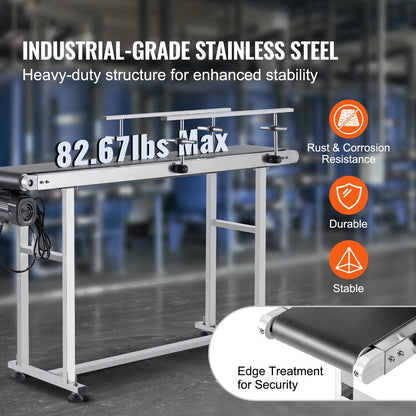 SucceBuy PVC Belt Conveyor Table Double Guardrail Stainless Steel Motorized Adjustable Speed for Factory Inkjet Coding Powered
