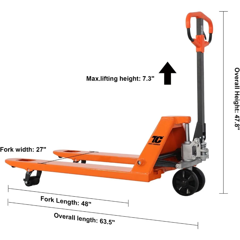 Tory Carrier Pallet Jack Hand Truck Manual Pallet Jacks 5500-Lb. Capacity, 27 x 48 Forks Standard Duty, Rubber Handle, Nylon Whe