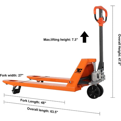 Tory Carrier Pallet Jack Hand Truck Manual Pallet Jacks 5500-Lb. Capacity, 27 x 48 Forks Standard Duty, Rubber Handle, Nylon Whe
